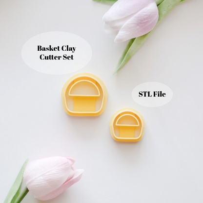 Two yellow Basket Polymer Clay Cutter shapes from Hello Cutters Basket Polymer Clay Cutter STL Set rest on a white surface with two pink tulips. Text bubbles label them as Basket Polymer Clay Cutter STL Set and digital download STL file.