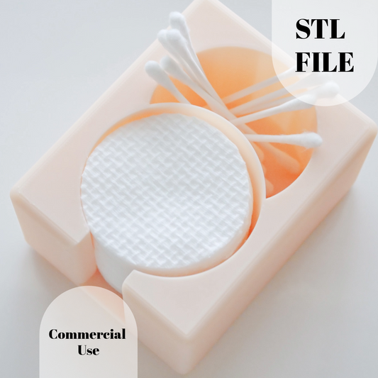 A peach-colored container holds round cotton pads and Q-tips. Text reads STL FILE and Commercial Use. The image promotes the Round Cotton Holder Duo by Hello Cutters—a 3D-printable organizer for bathroom essentials.