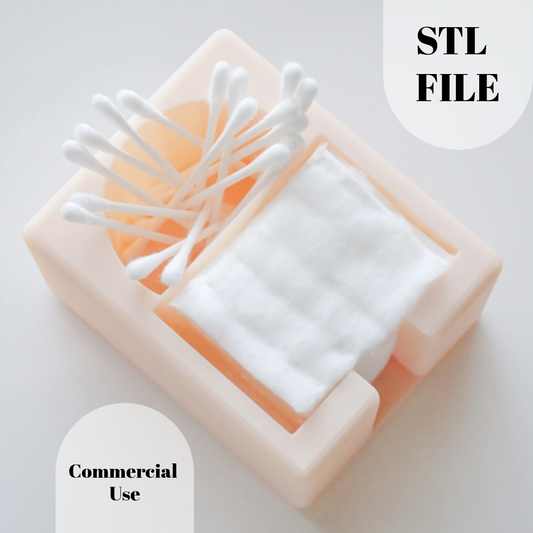 A top view of the Rectangle Cotton Holder Duo by Hello Cutters, in peach, holding cotton pads and Q-tips. STL FILE appears at the top right and Commercial Use at the bottom left—ideal for 3D printing fans.